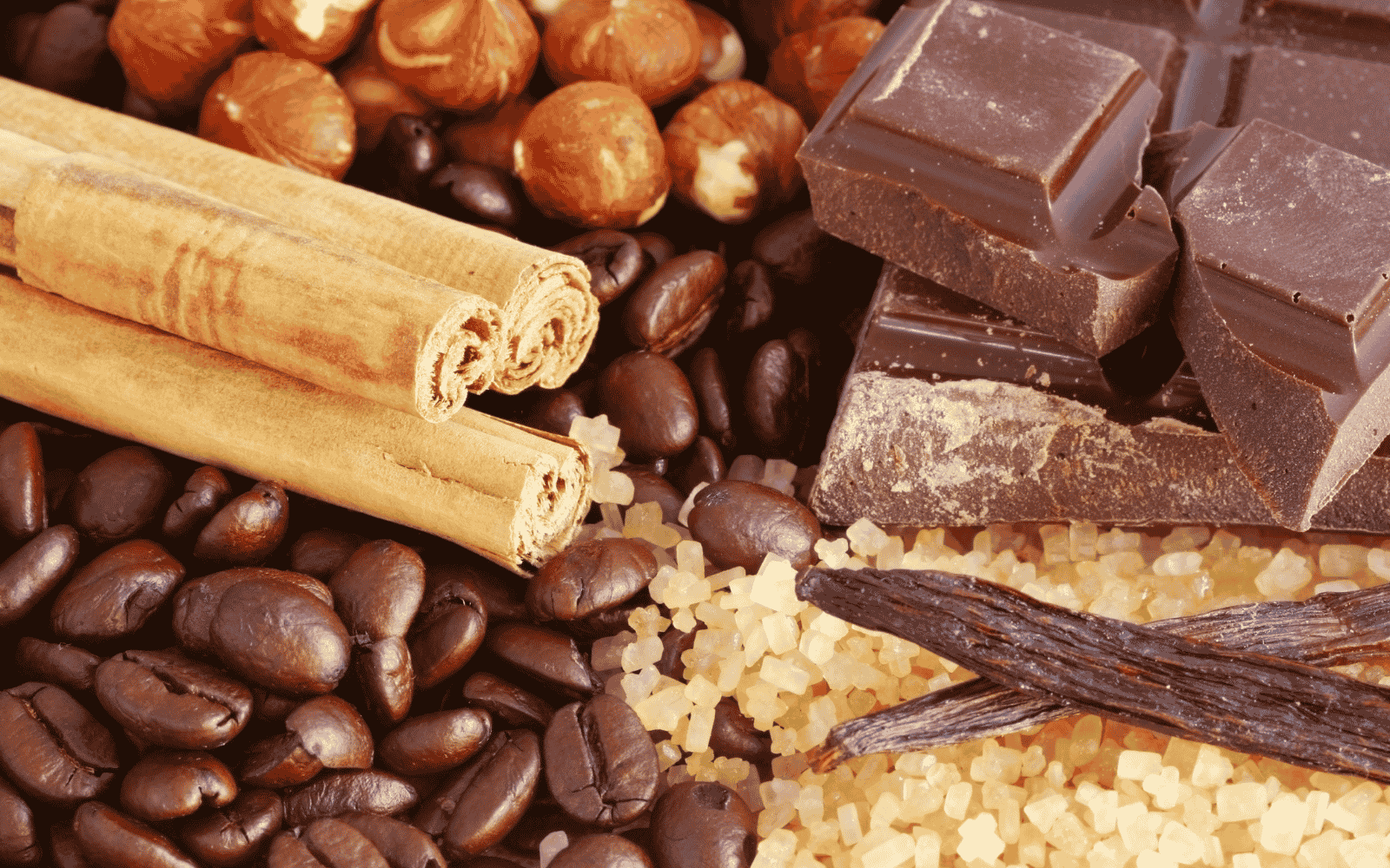 Image of chocolate, coffee and hazelnut representing some flavors found in Colombian coffee.